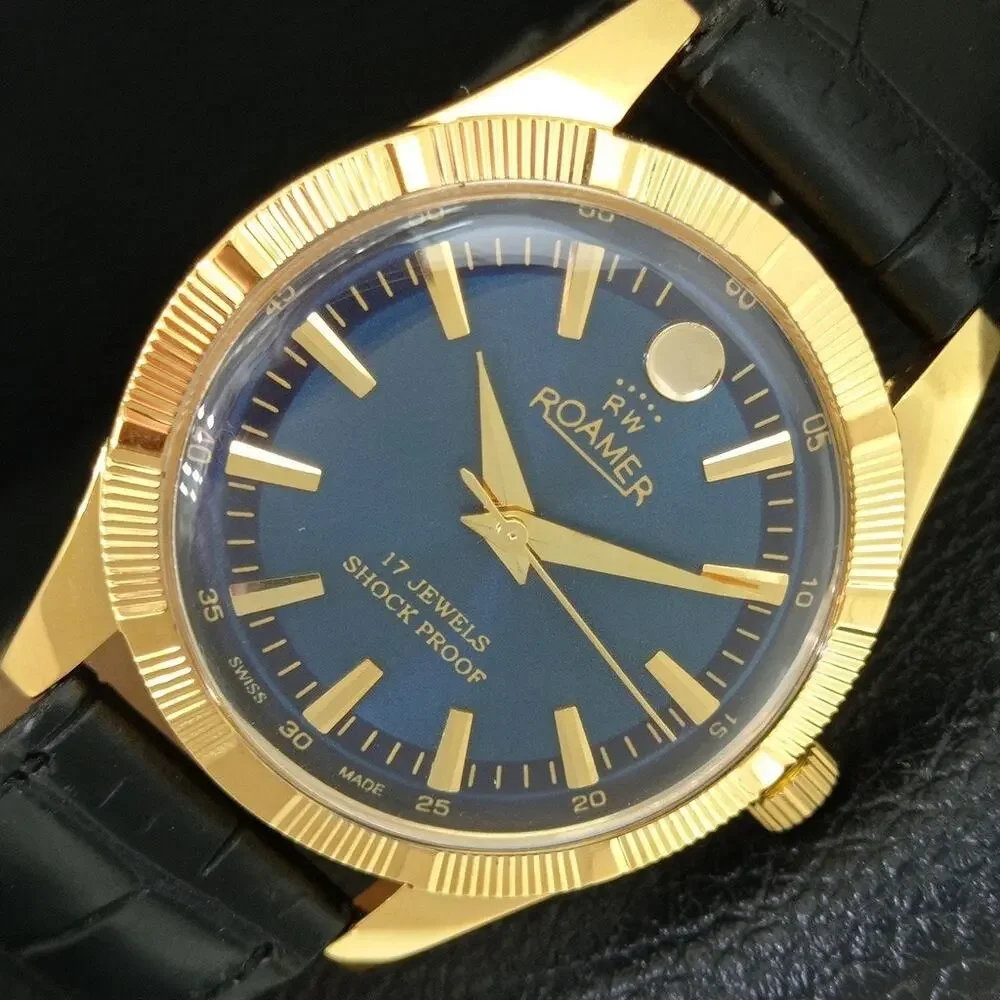 Vintage 1974 Roamer Manual Mens Gold Watch W/Leather Strap & Blue accents